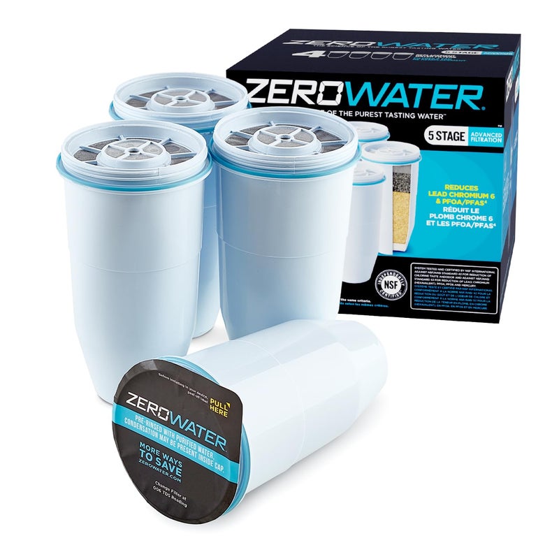 ZeroWater فلتر استبدال زيرووتر الرسمي - فلتر مياه 5 مراحل 0 TDS معتمد من IAPMO لتقليل الرصاص والكروم وPFOA/PFOS - عبوة 4 قطع - Image 1